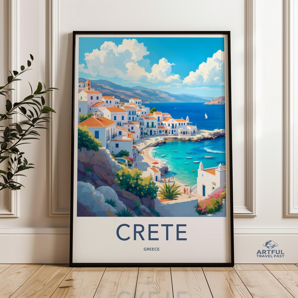 Crete Greece Travel Poster With Whitewashed Coastal Village Art