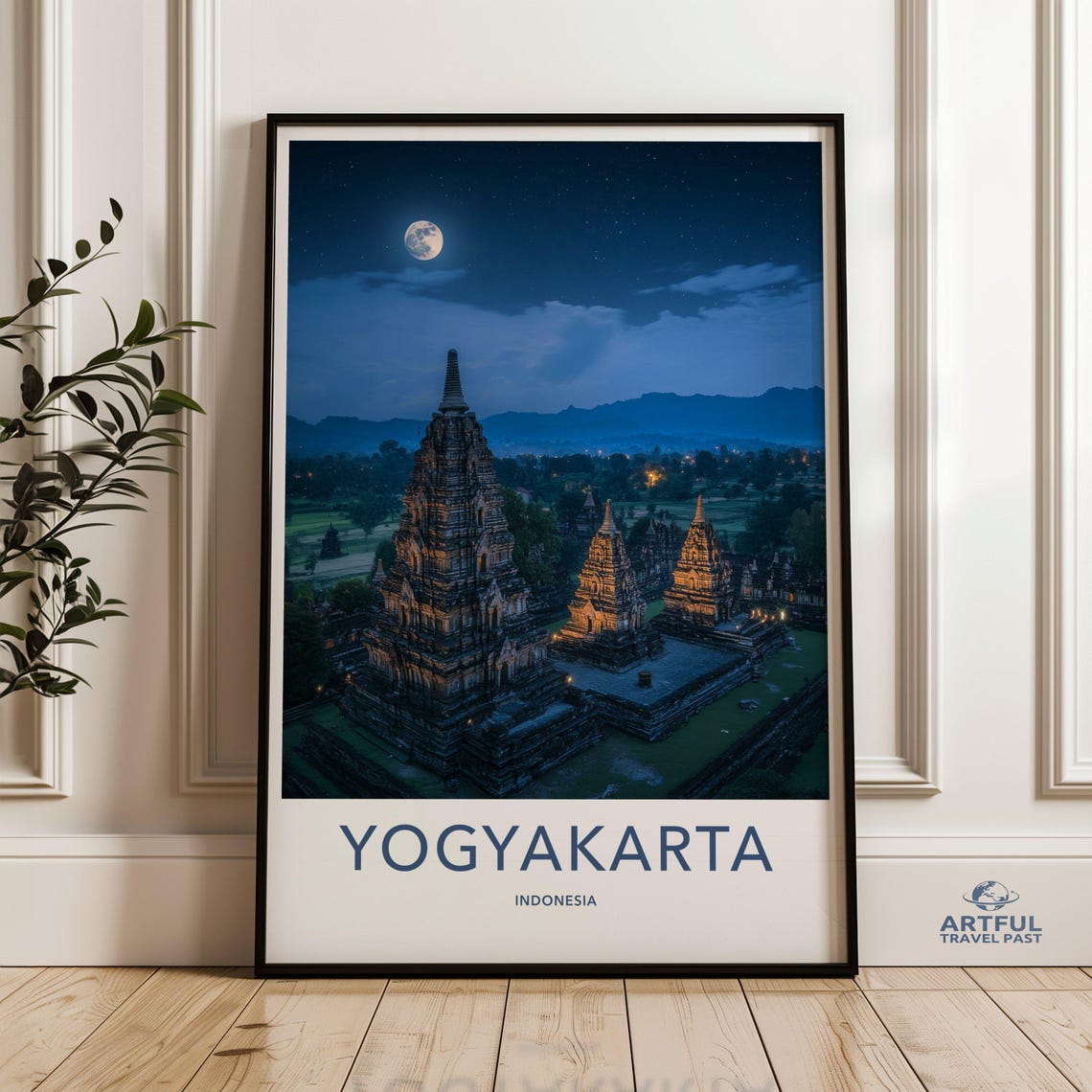 Yogyakarta Indonesia Moonlit Ancient Temple Night Travel Poster