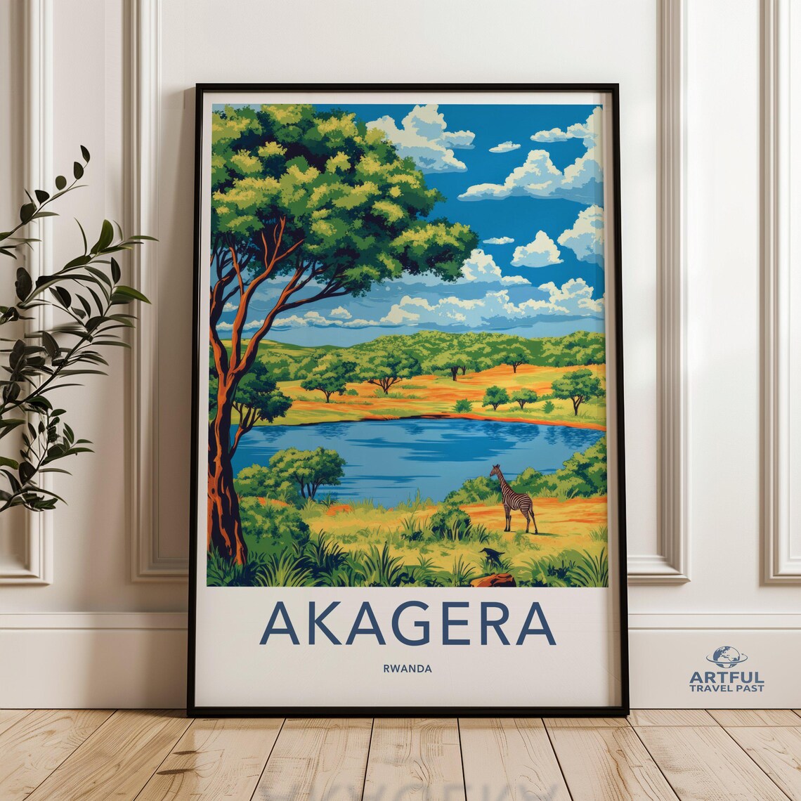 Akagera Rwanda Giraffe Lake Safari Landscape Vintage Travel Poster