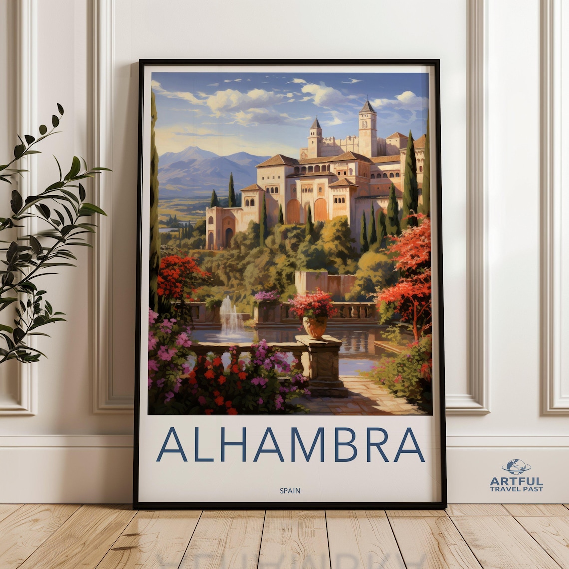 Alhambra Spain Palace Gardens Fountain Moorish Vintage Travel Poster