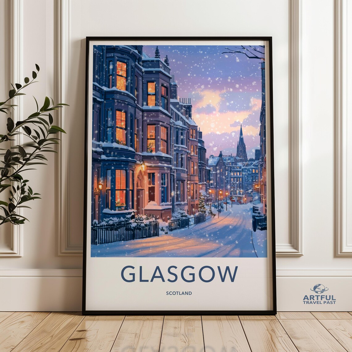 Glasgow Scotland Winter Snowy Street Victorian Travel Poster