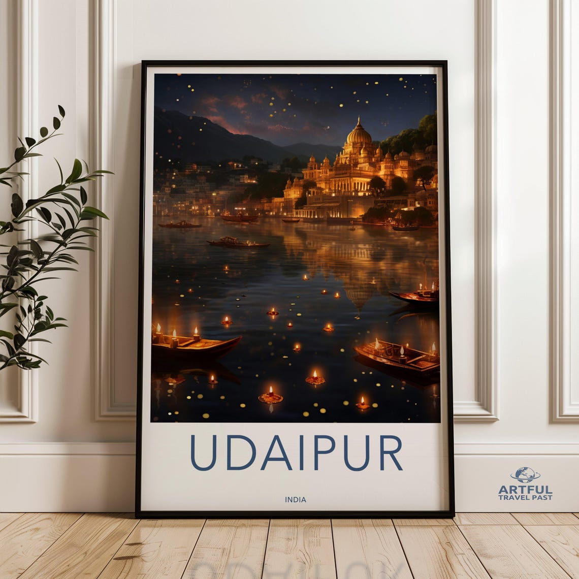 Udaipur India Palace Night Floating Lanterns Lake Travel Wall Poster