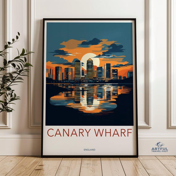 Canary Wharf Skyline Wall Art London Cityscape Print Modern Office Decor British Urban Landscape Sunset Reflection England