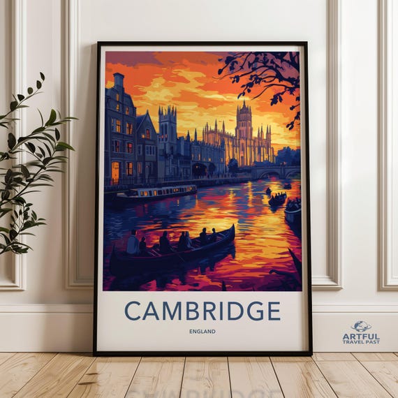 Cambridge England Sunset Scene Colorful Wall Art Historic City Poster Print Vibrant Travel Artwork Home Decor Scenic View Painting