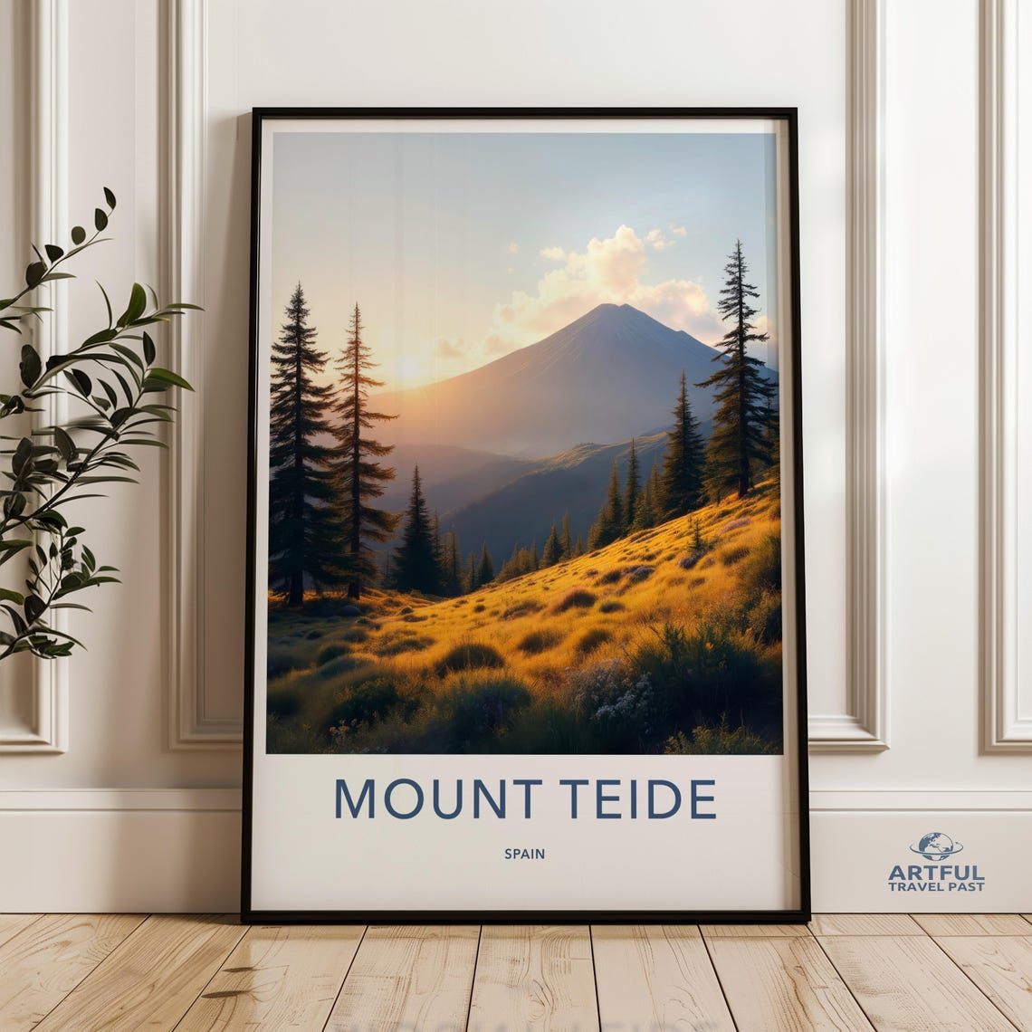 Mount Teide Spain Volcano Poster Golden Meadow Sunset Pine Forest Art