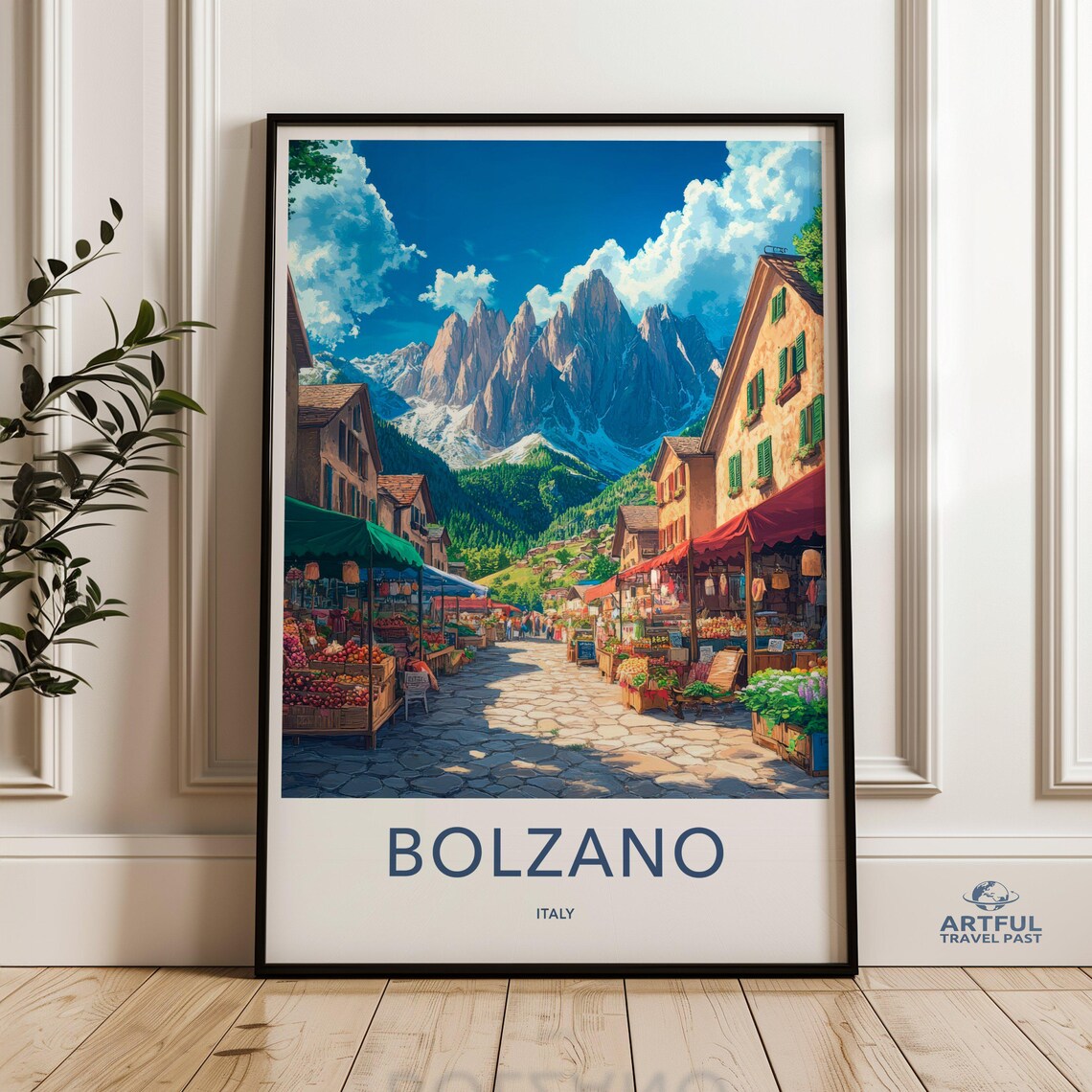 Bolzano Italy Dolomites Market Street Mountain Village Travel Poster