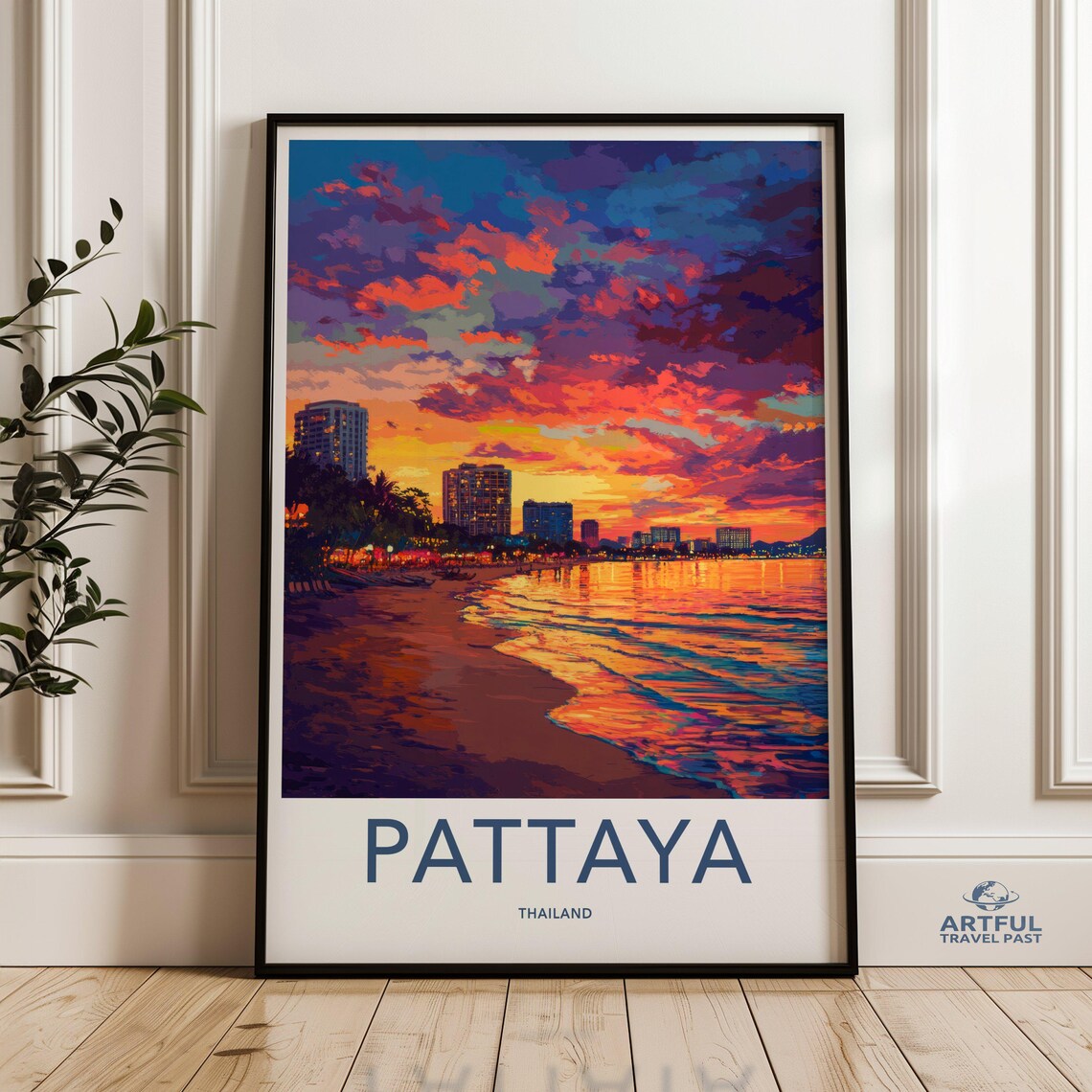 Pattaya Thailand Sunset Poster Vibrant Beach City Skyline Coastal Art