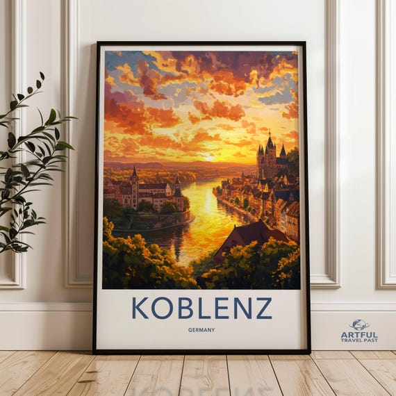 Koblenz Sunset Wall Art Landscape Painting River Cityscape Germany Travel Poster Vibrant Orange Sky Scenic Home Decor