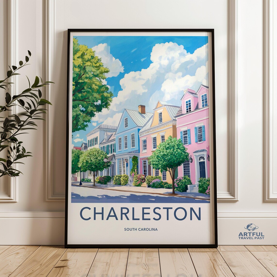 Charleston South Carolina Travel Poster Pastel Rainbow Row Houses Art