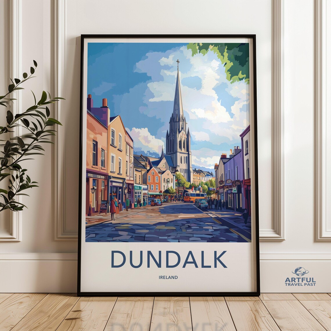 Dundalk Ireland Cathedral Street Scene Colorful Travel Poster