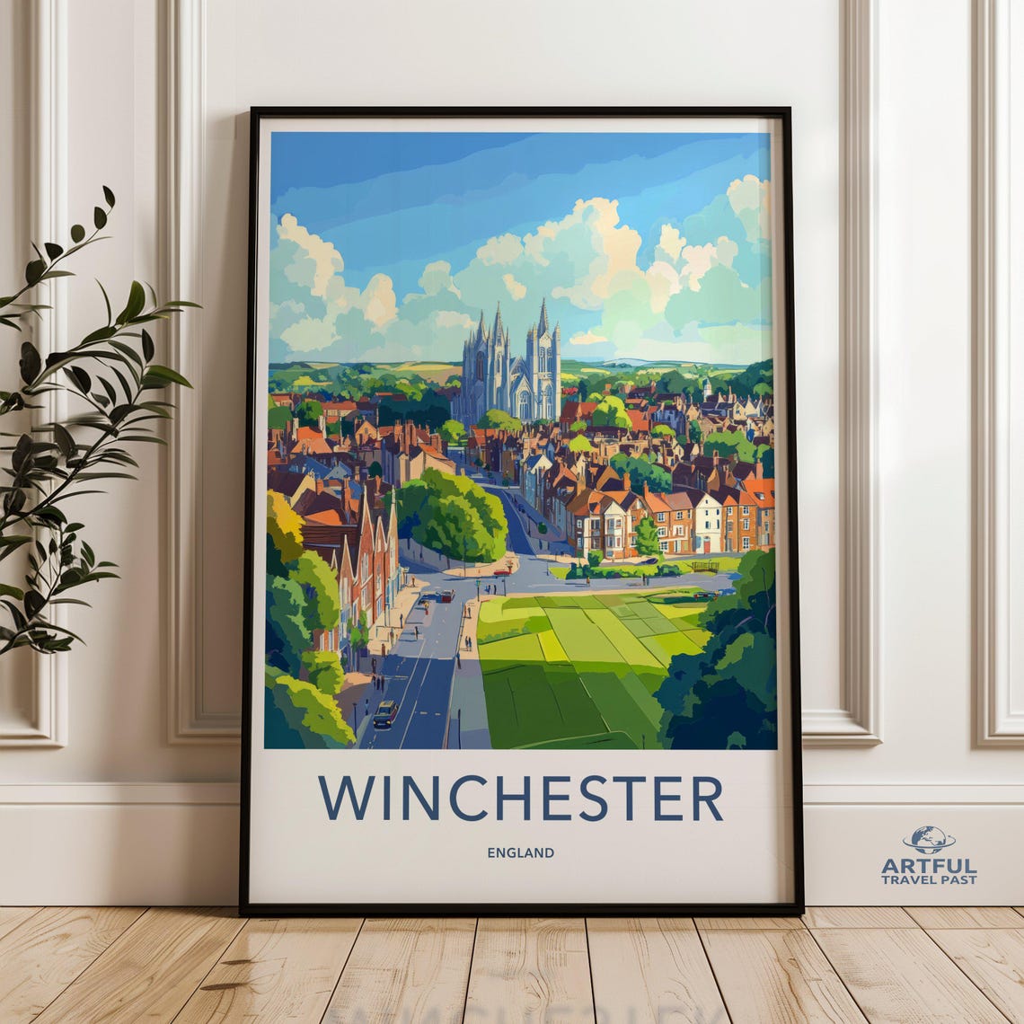 Winchester England Travel Poster Cathedral City Skyline View