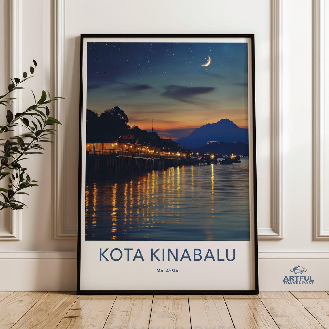 Kota Kinabalu Malaysia Night Waterfront Moonlight Travel Poster
