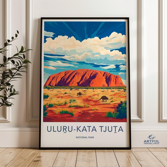 Uluru Kata Tjuta Red Rock and Kangaroos Australia Travel Poster