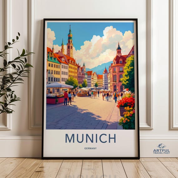 Munich Cityscape Art Print European Travel Wall Decor Colorful Germany Illustration Urban Street Scene Historic Architecture