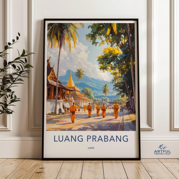 Colorful Luang Prabang Wall Art Print Southeast Asian Monastery Decor Buddhist Monks Walking Scene Travel Poster Laos Landscape