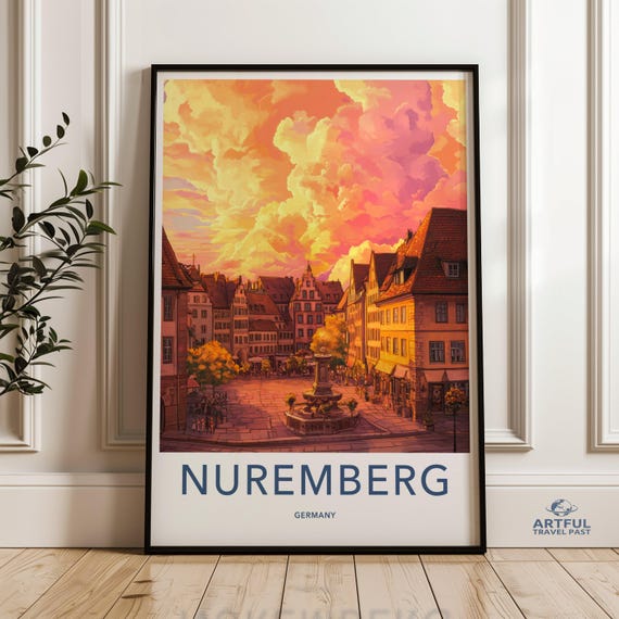 Nuremberg Germany Sunset Wall Art Vintage European Cityscape Print Historic Town Square Decor Travel Poster Scenic Artwork