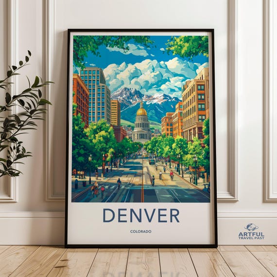 Denver Colorado Wall Art Cityscape Print City Golden Dome Capitol Building Mountain View Travel Poster Home Decor