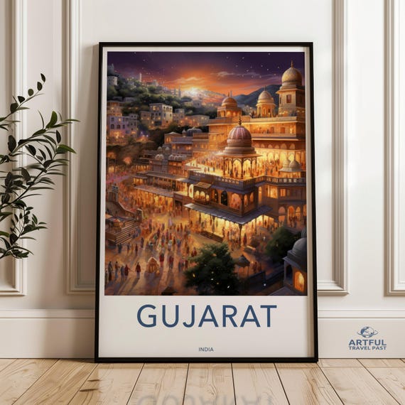 Gujarat India Framed Poster Historic Landmarks Iconic Architecture Vibrant Cultural Scene Sunset Cityscape Print