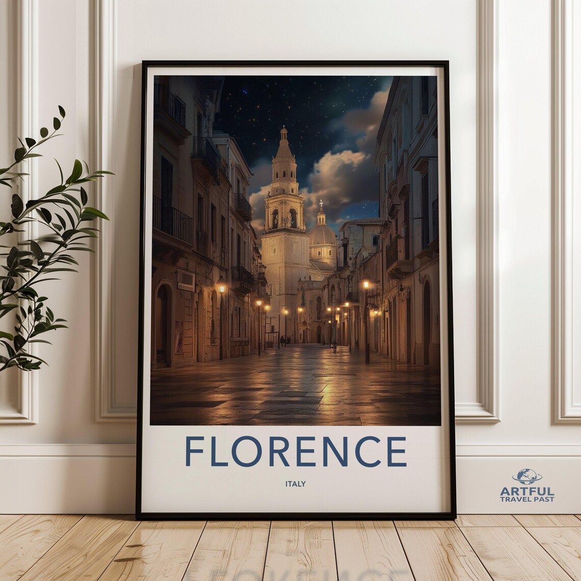 Florence Italy Night Street Vintage Travel Poster Starry Night Sky