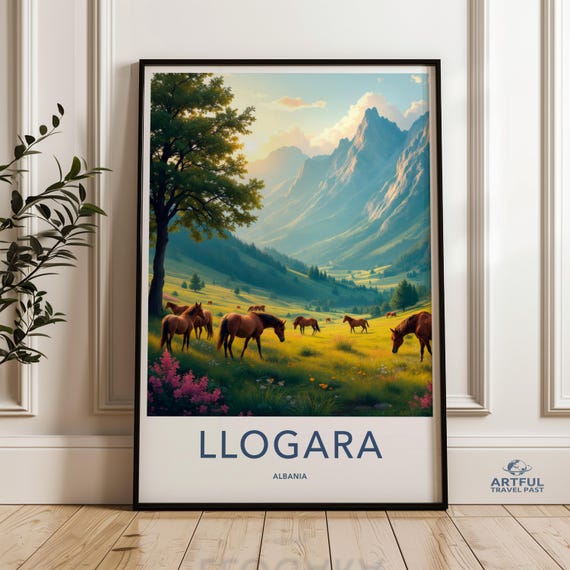 Llogara Albania Wall Art Print Scenic Landscape Poster Horses In Meadow Painting Mountain View Decor Nature Lovers Gift