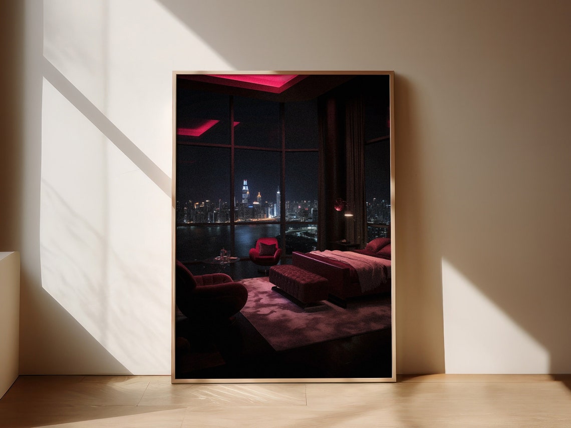 Moody Penthouse Bedroom Night City View Luxury Interior Poster
