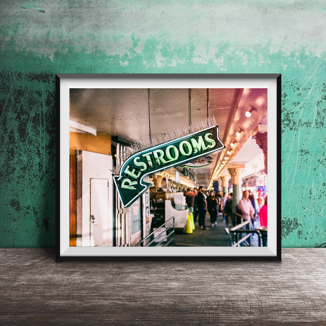 Restrooms Green Neon Arrow Sign Vintage Market Hall Photography Poster