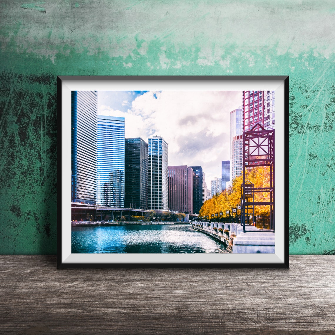 Chicago Riverwalk Autumn Skyline Fall Colors Water View Photo Poster