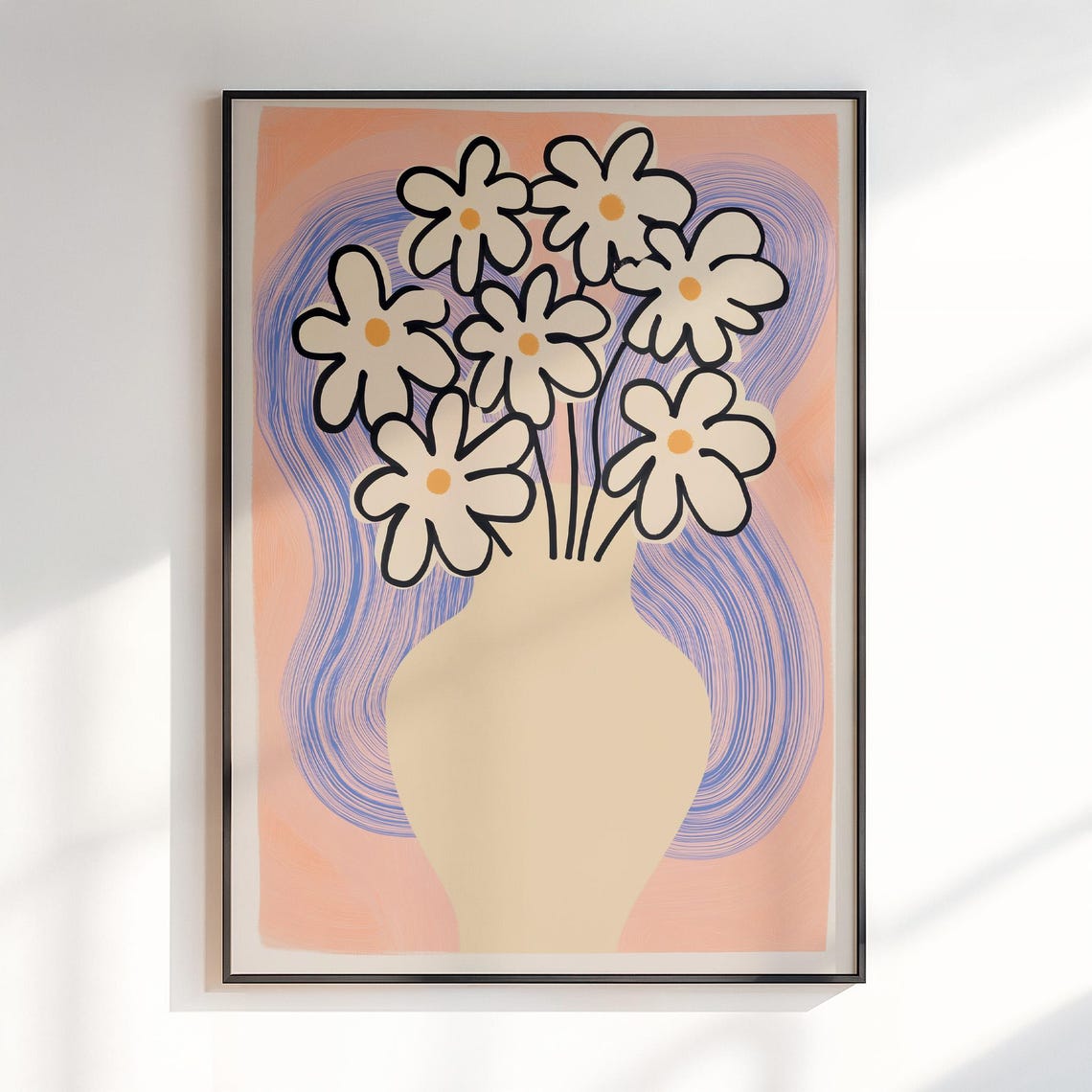 White Daisies in Cream Vase Whimsical Retro Botanical Floral Poster