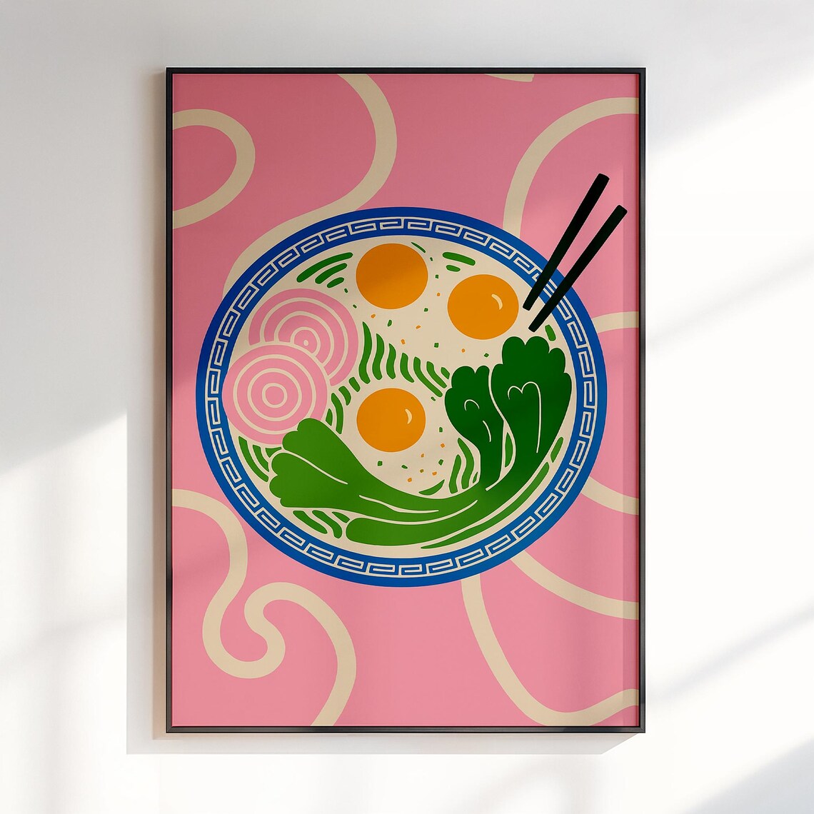 Ramen Bowl Flat Illustration Poster Pink Background Colorful Kitchen Art