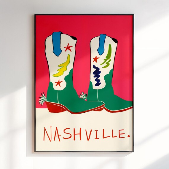 Nashville Cowboy Boots Red Green Maximalist Music City Travel Poster