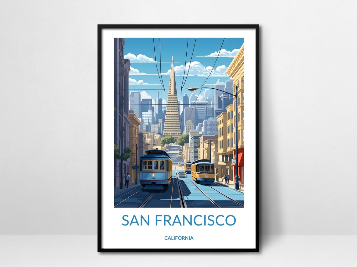San Francisco California Cable Cars Tower Street Scene Poster