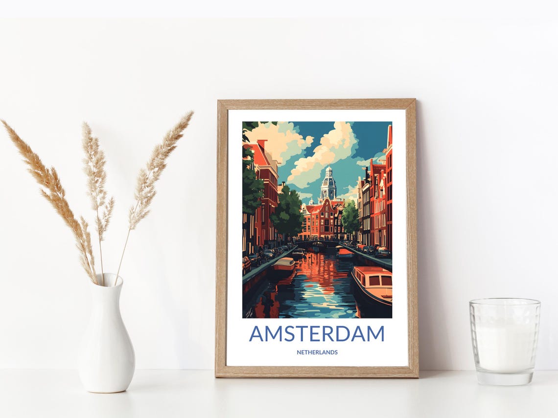 Amsterdam Canal Reflection Boats Old Houses Netherlands Art Poster - Image 3