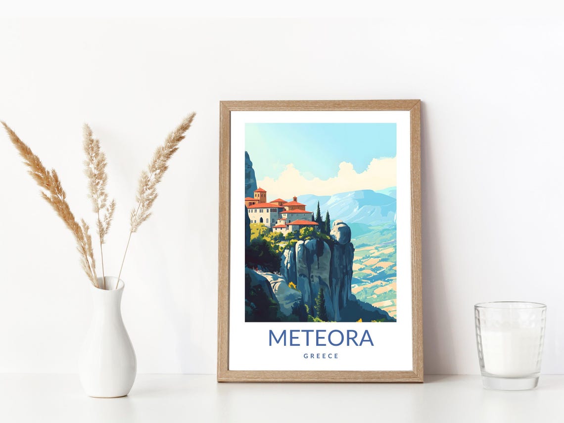 Meteora Greece Clifftop Monastery Vintage Travel Poster Valley View - Image 3