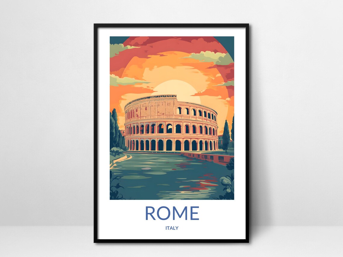 Rome Italy Colosseum Sunset Ancient Landmark Vintage Travel Poster