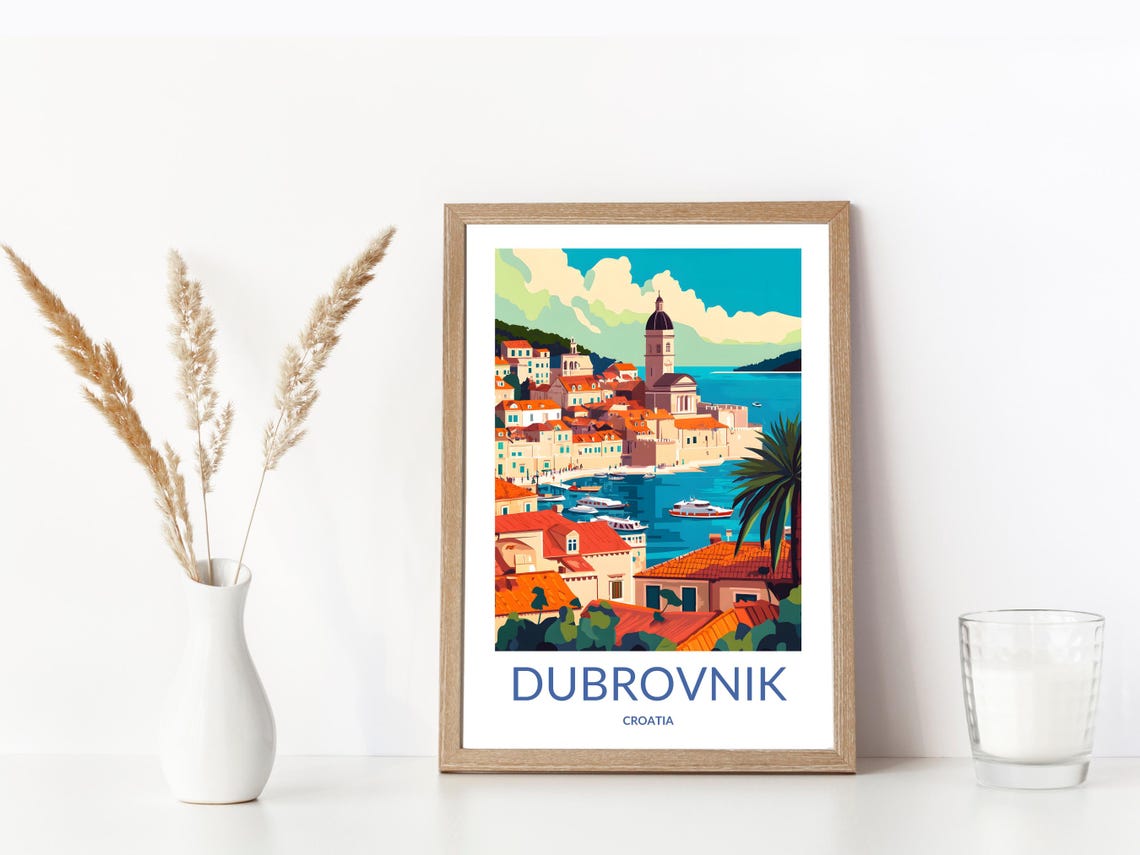 Dubrovnik Harbor Cathedral Dome Red Roofs Croatia Coast Poster - Image 3