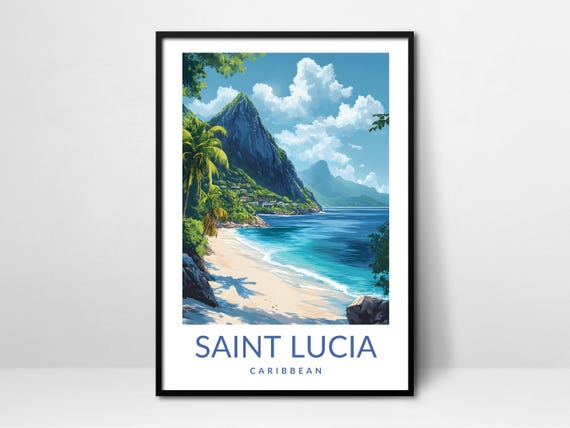 Saint Lucia Caribbean Beach And Pitons Art Print Tropical Travel Poster Saint Lucia Gift For Beach Lovers