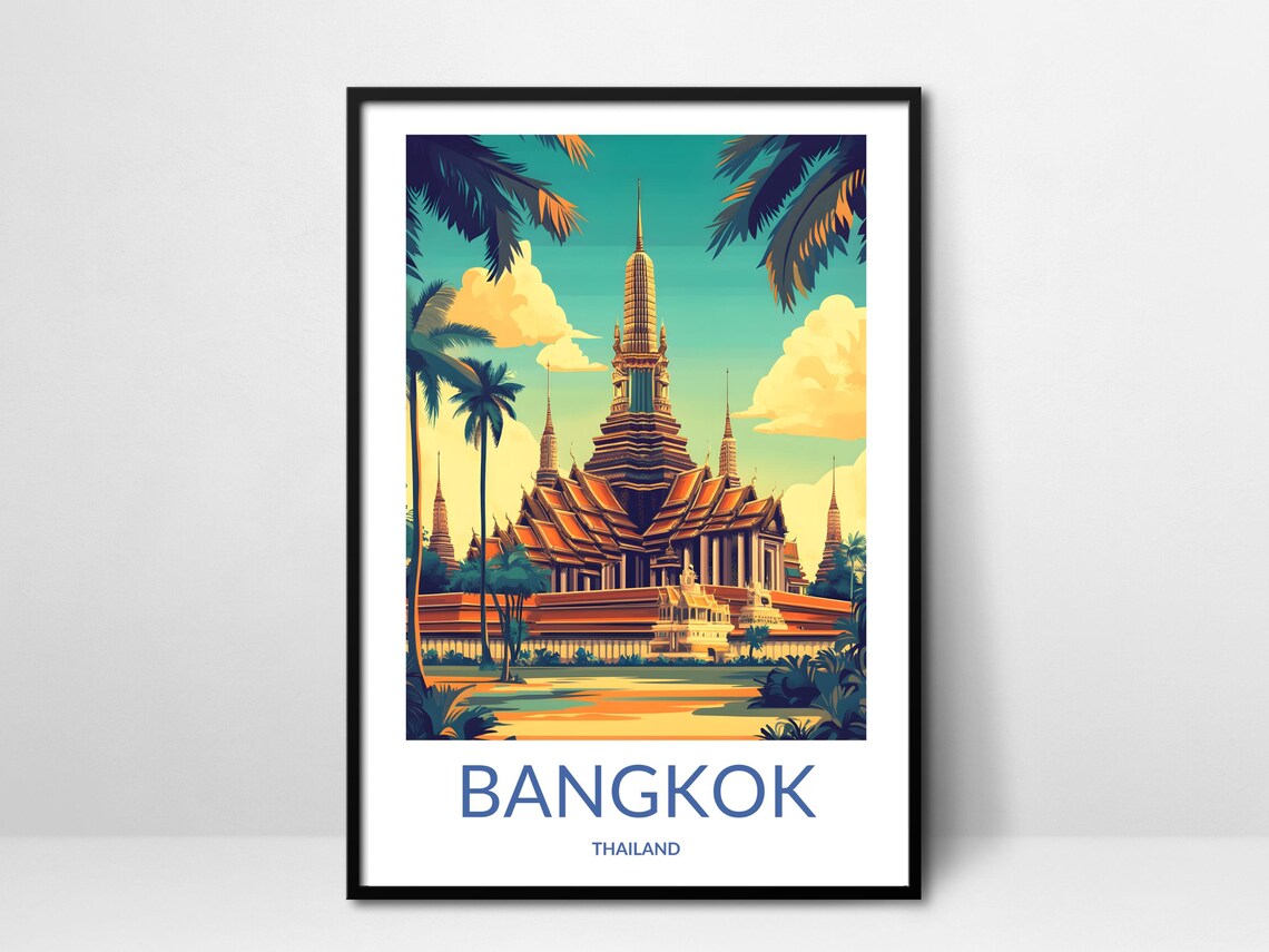 Bangkok Thailand Grand Temple Golden Spire Palm Trees Travel Poster