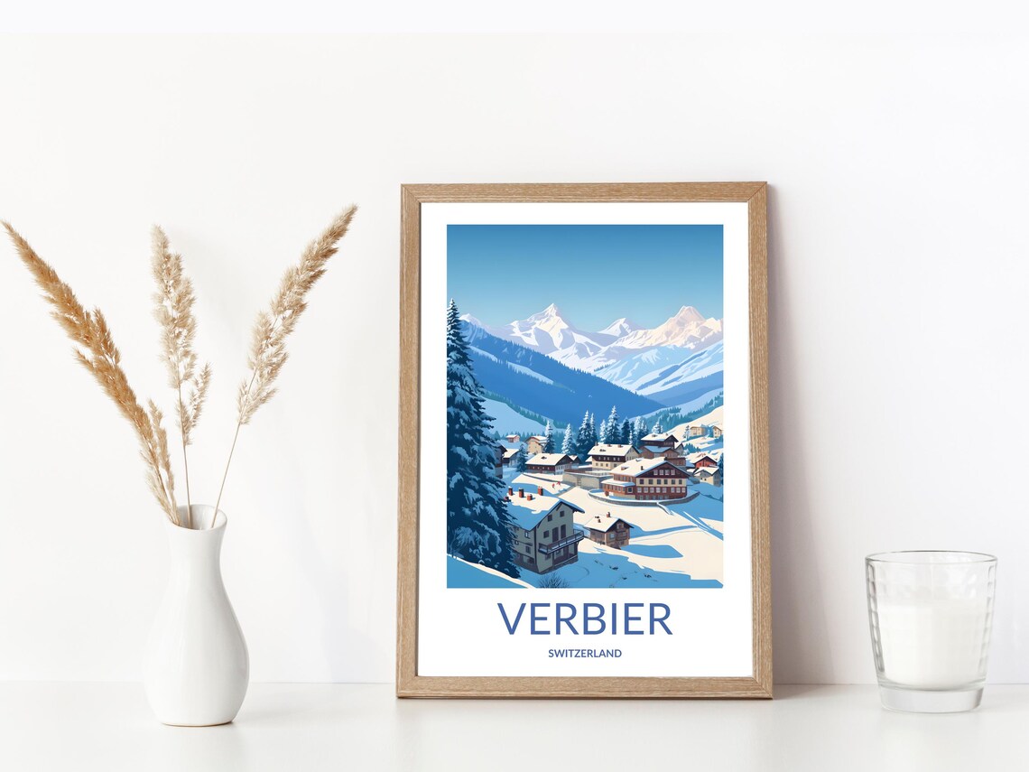 Verbier Switzerland Cozy Wooden Chalets Winter Village Scene Poster - Image 3