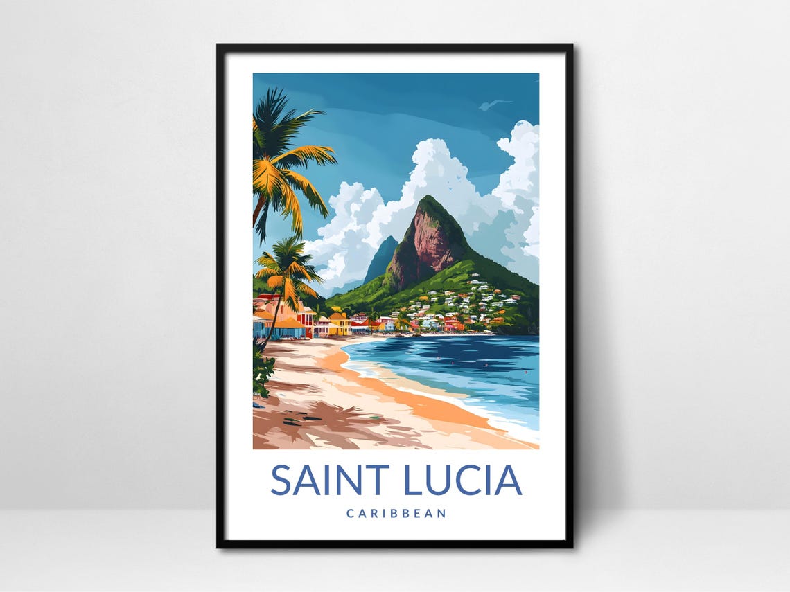 Saint Lucia Caribbean Pitons Beach Vintage Travel Poster Tropical Art