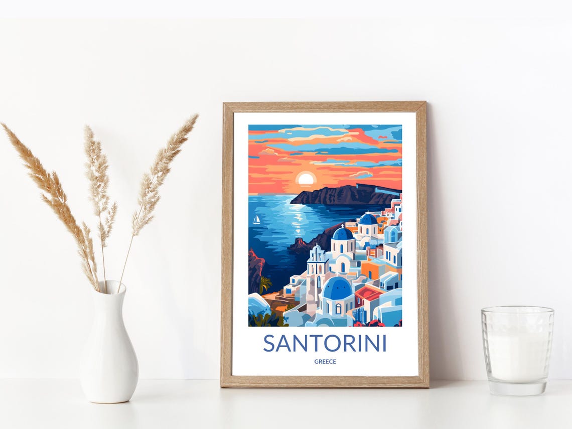 Santorini Blue Dome Churches Sunset Over the Aegean Sea Poster - Image 3