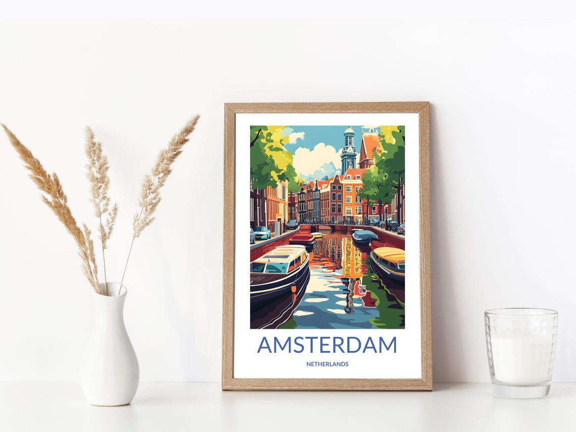 Amsterdam Canal Boats Reflections Colorful Houses Netherlands Poster - Image 3