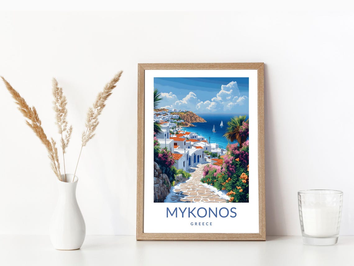 Mykonos Greece Island Vintage Travel Poster Whitewashed Seaside - Image 3