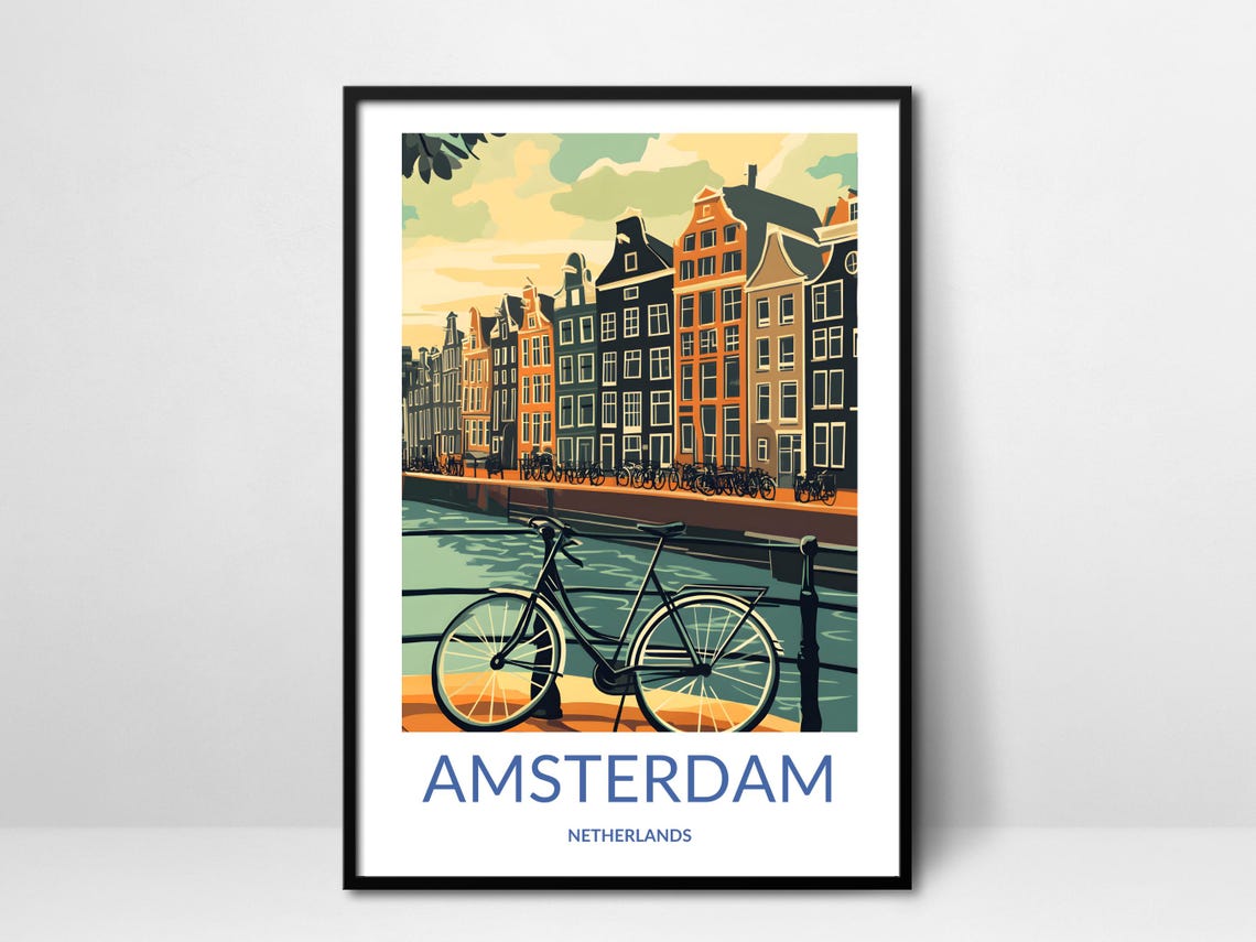 Amsterdam Bicycle Canal Bridge Gabled Houses Netherlands Cycle Poster