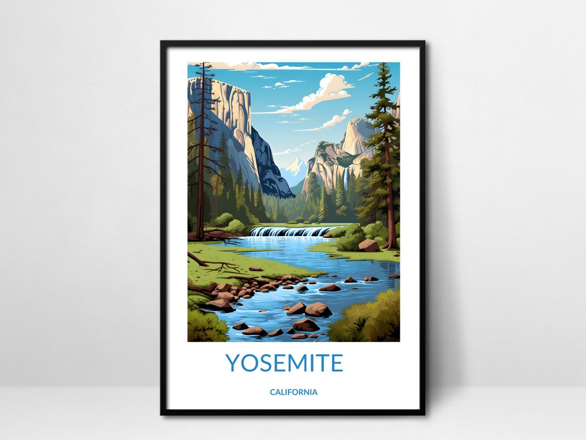 Yosemite Waterfall Cascade El Capitan Pines California Nature Poster