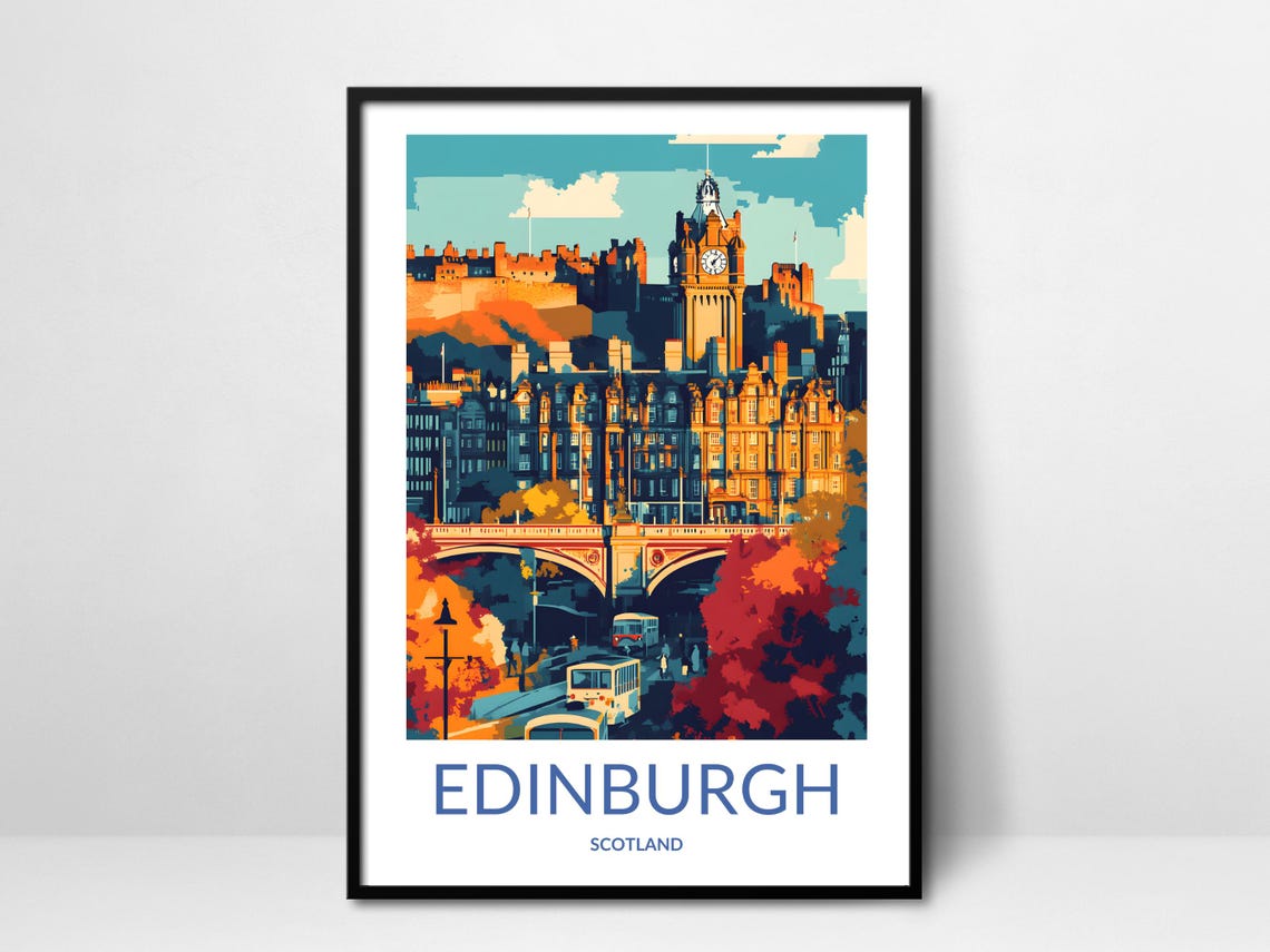 Edinburgh Castle Balmoral Clock Tower Autumn Scotland Travel Poster