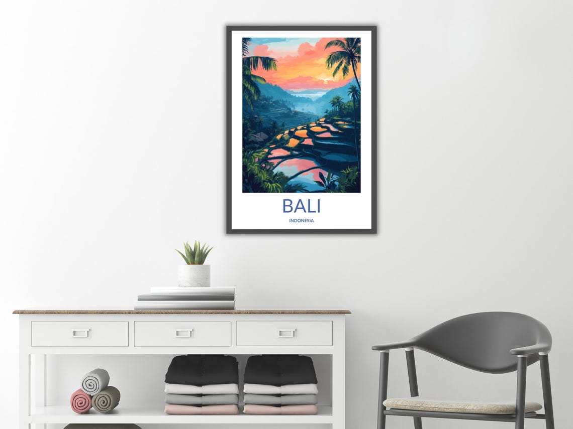 Bali Indonesia Tropical Rice Terrace Sunset Palm Trees Travel Poster - Image 2