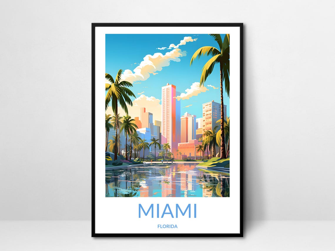 Miami Skyline Water Reflection Palm Trees Florida Travel Poster