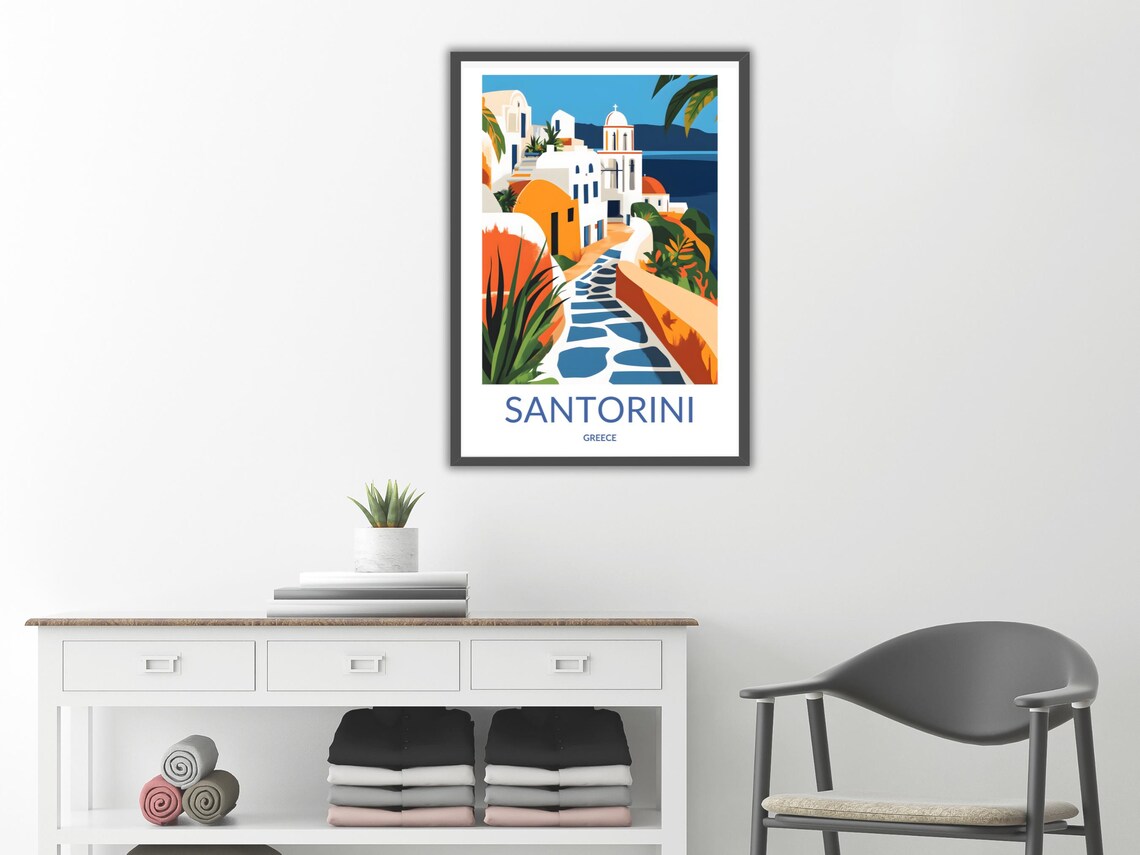 Santorini Village Street White Church Sunny Day Greece Travel Poster - Image 2
