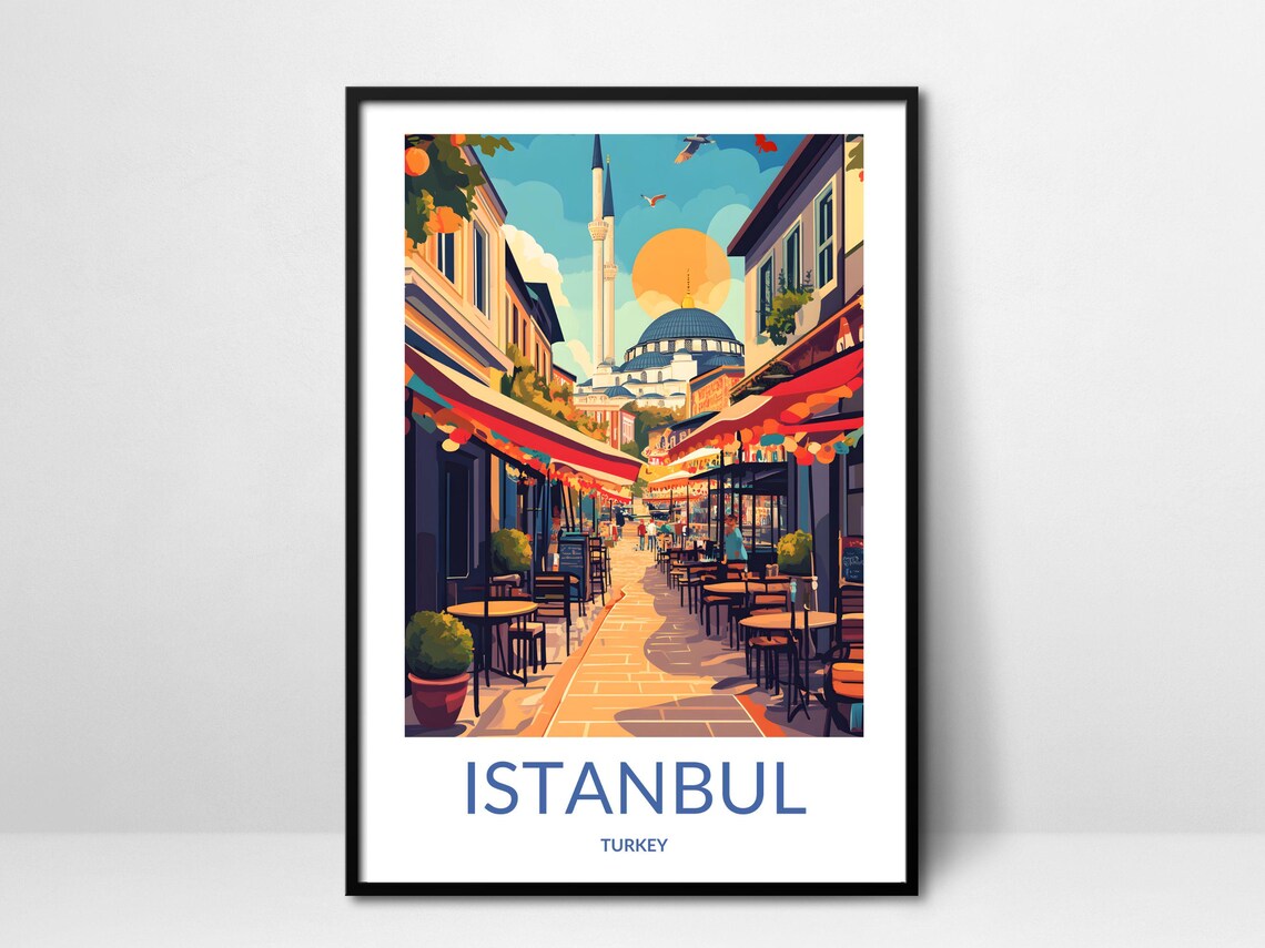 Istanbul Turkey Sunset Cafe Street Mosque Vintage Travel Poster