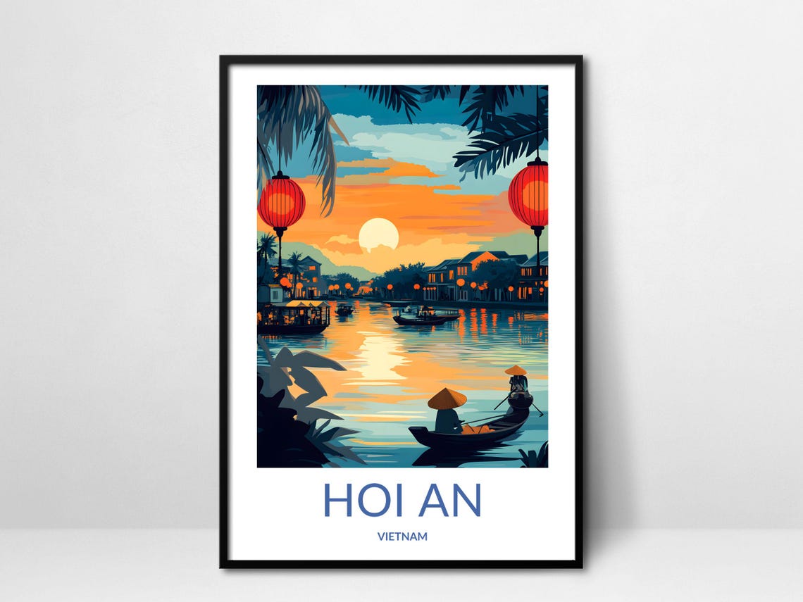 Hoi An Vietnam Sunset River Lanterns Conical Hat Rower Travel Poster